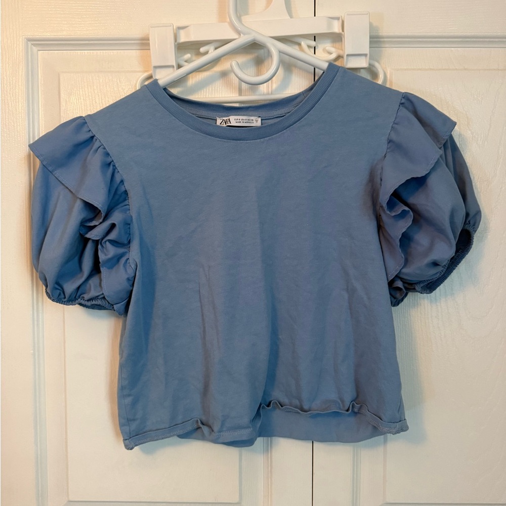 Zara Light Blue Ruffle Sleeve Blouse